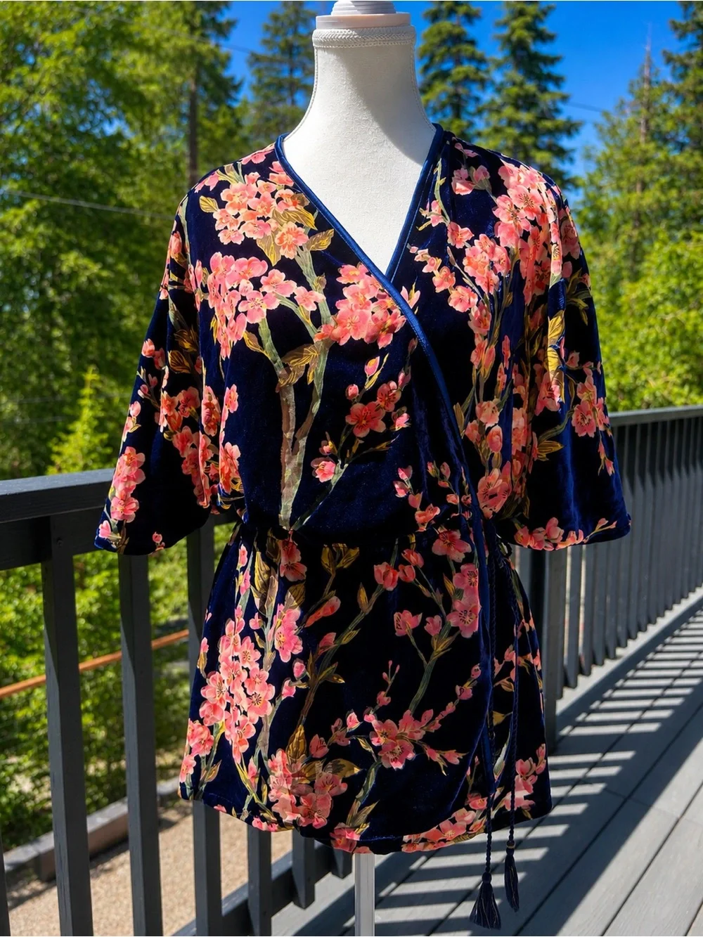 Nostalgia Velvet Floral Wrap Kimono Top Cherry Blossom Pink Navy Blue Size M